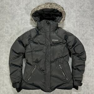 Columbia Lay D Down II Omni-Heat Hooded Puffer Jacket Black Faux Fur Trim Medium